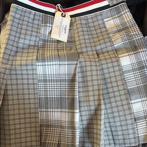 Plaid Pleated Skirt with Striped Waistband